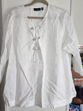 Rafaella White Linen Lace-Up Peasant Blouse